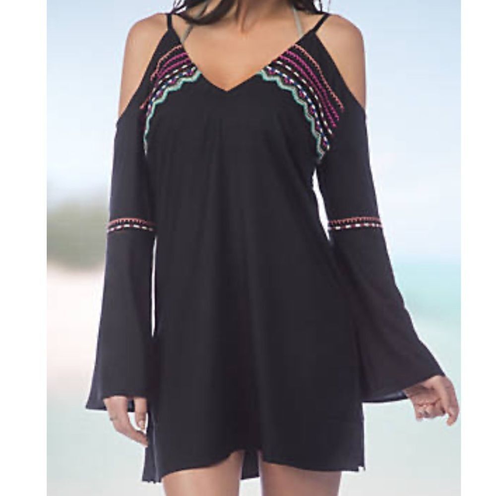 La Blanca Cold Shoulder Black Embroidered Cover Up